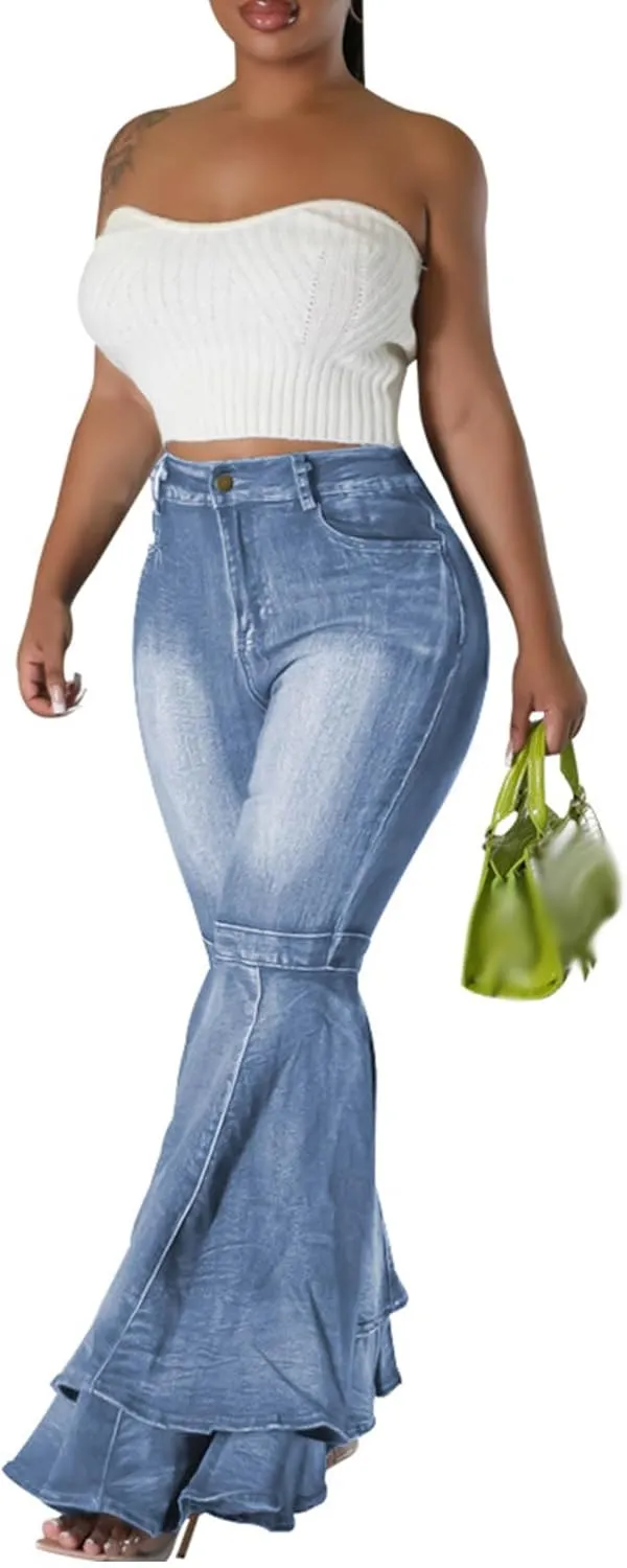 SOMTHRON Women's Bell Bottom Jeans High Waisted Pleated Layered Ruffle Hem Flared Wide Leg Vintage 70s Denim Pants