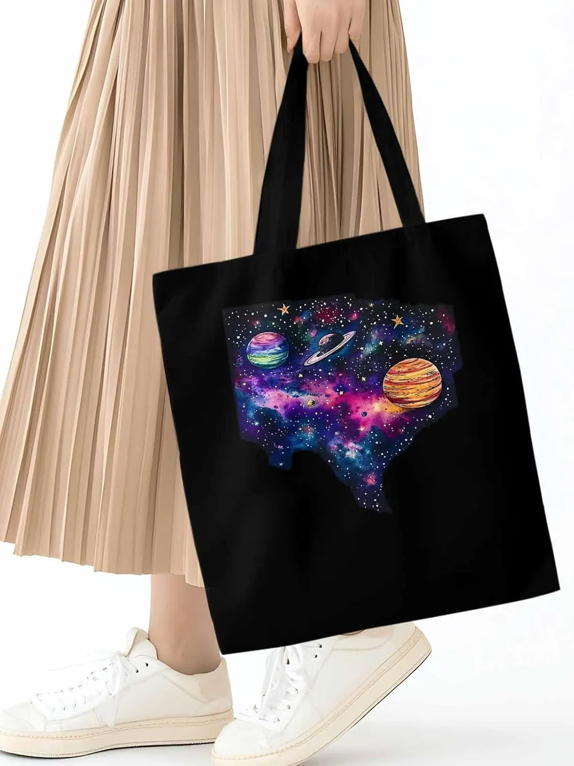 Space Sky Planets Canvas Tote Bag, Aesthetic Canvas Tote Handbags for Women Shoulder Bag