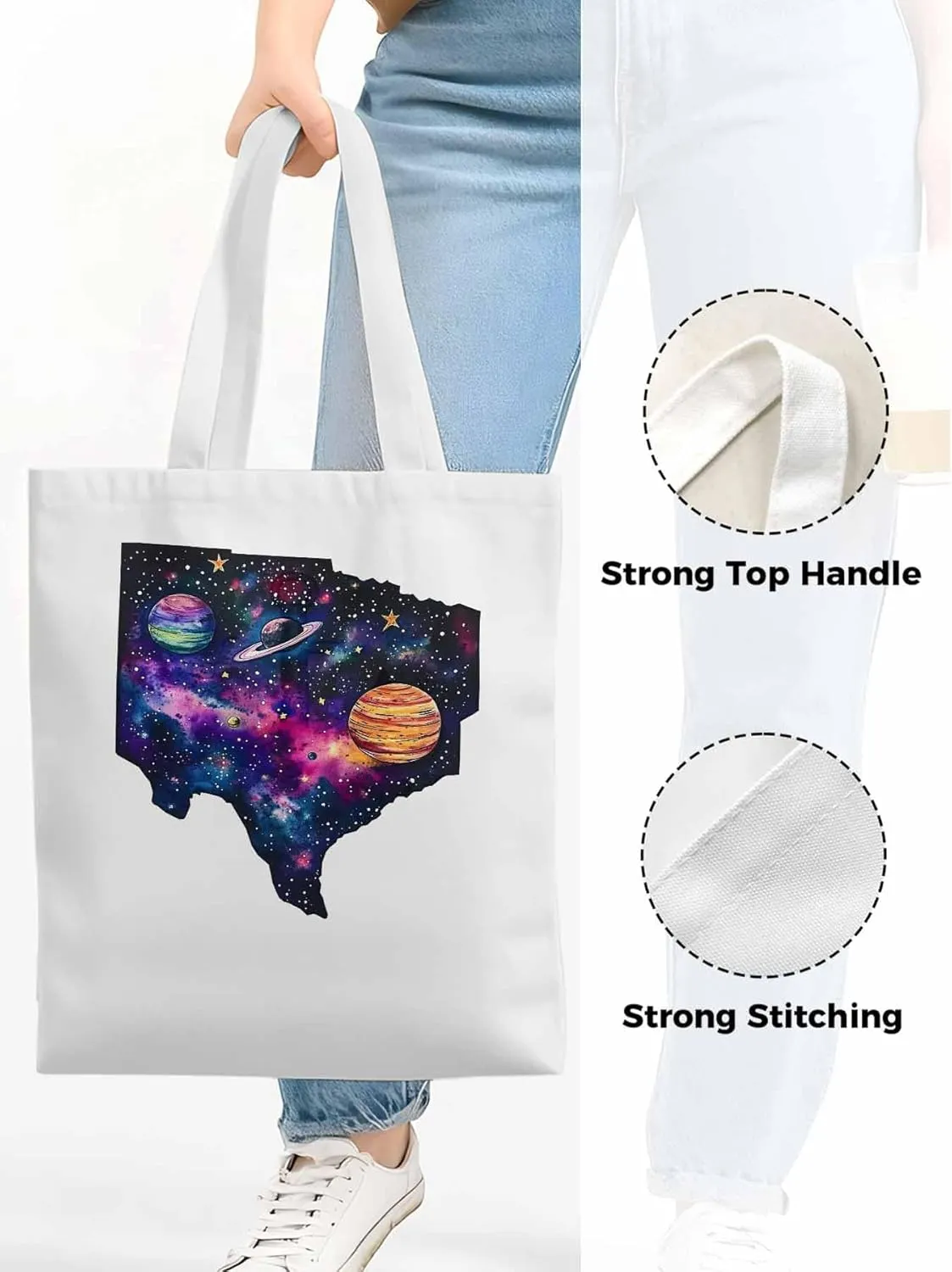 Space Sky Planets Canvas Tote Bag, Aesthetic Canvas Tote Handbags for Women Shoulder Bag