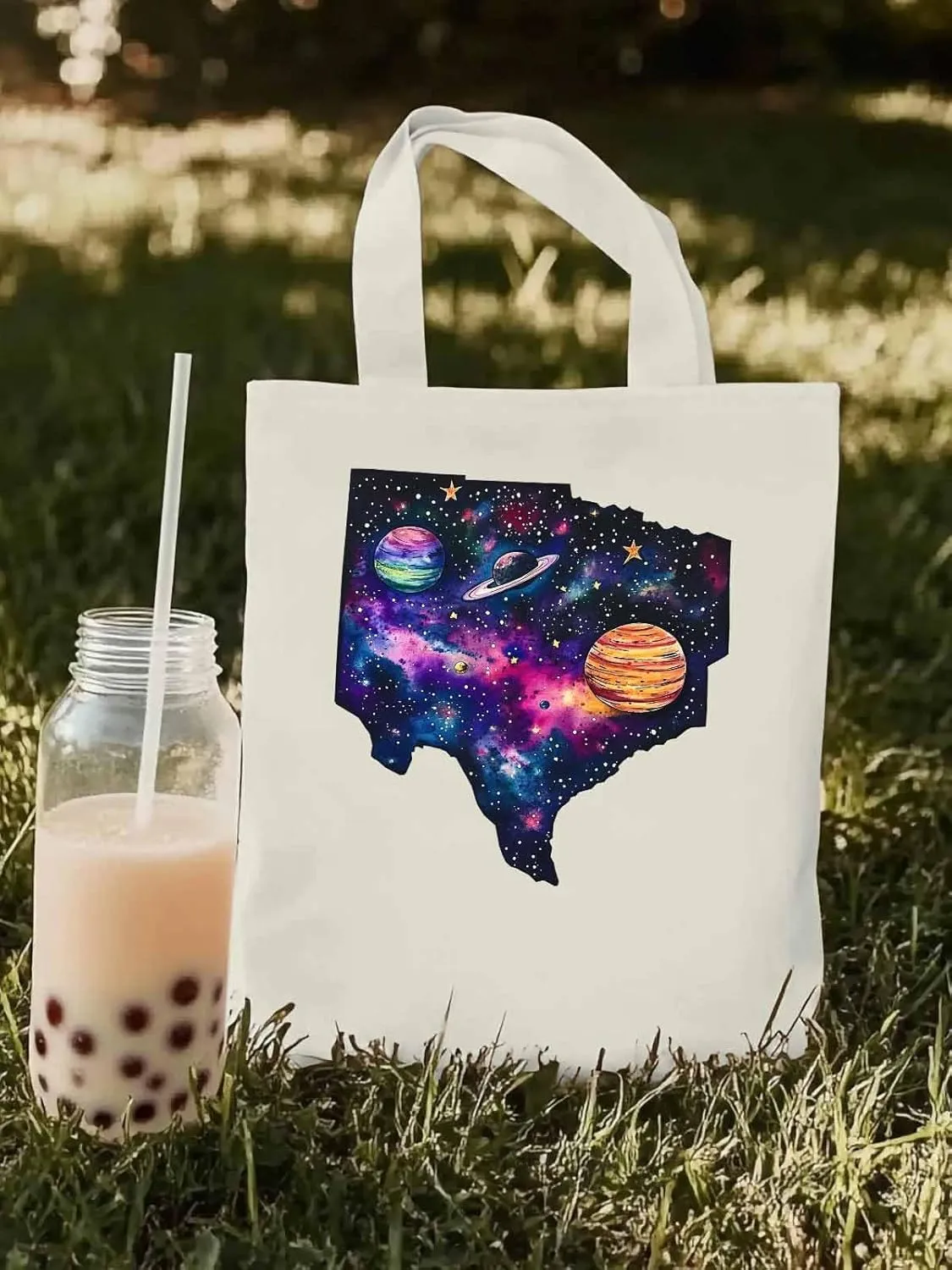 Space Sky Planets Canvas Tote Bag, Aesthetic Canvas Tote Handbags for Women Shoulder Bag