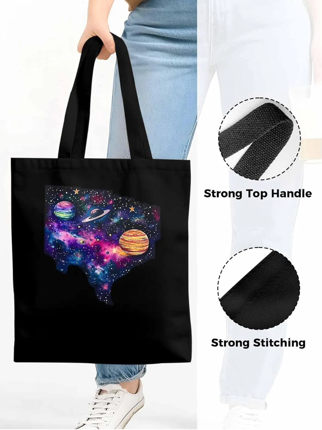 Space Sky Planets Canvas Tote Bag, Aesthetic Canvas Tote Handbags for Women Shoulder Bag