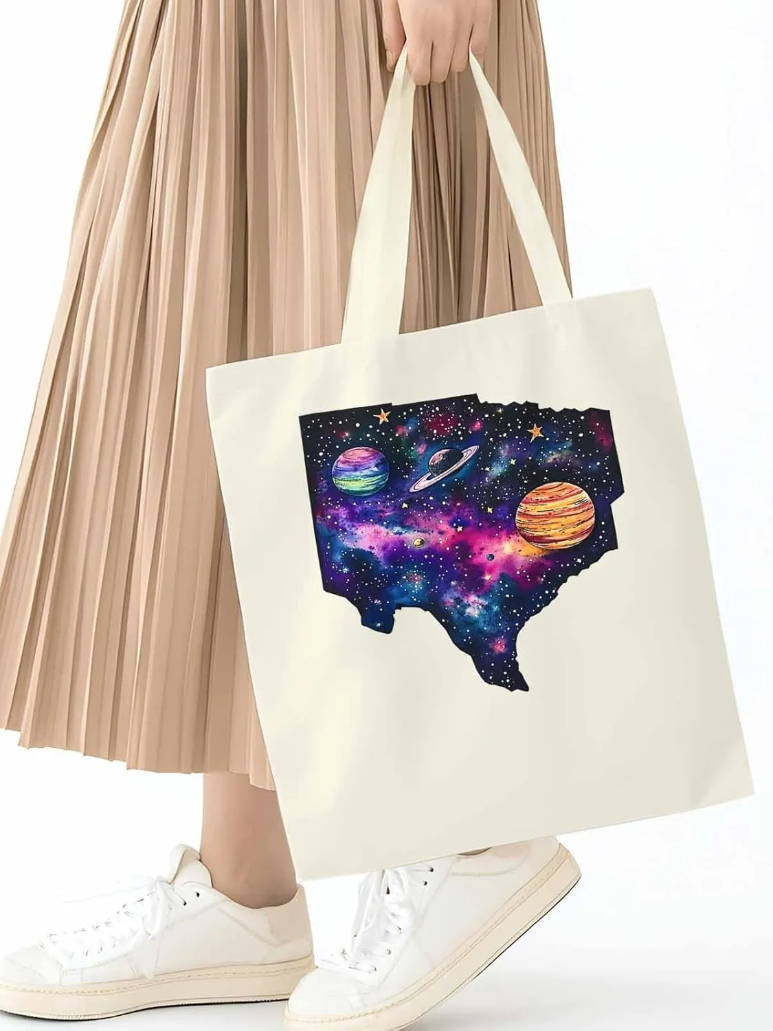 Space Sky Planets Canvas Tote Bag, Aesthetic Canvas Tote Handbags for Women Shoulder Bag