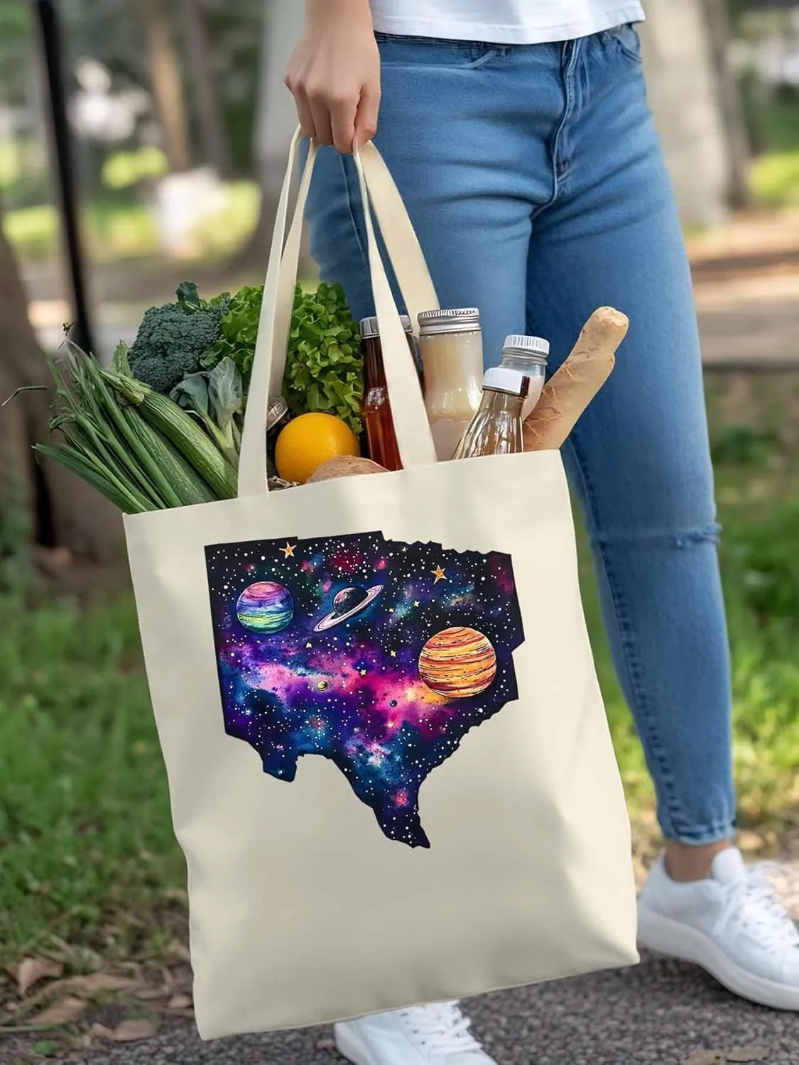 Space Sky Planets Canvas Tote Bag, Aesthetic Canvas Tote Handbags for Women Shoulder Bag