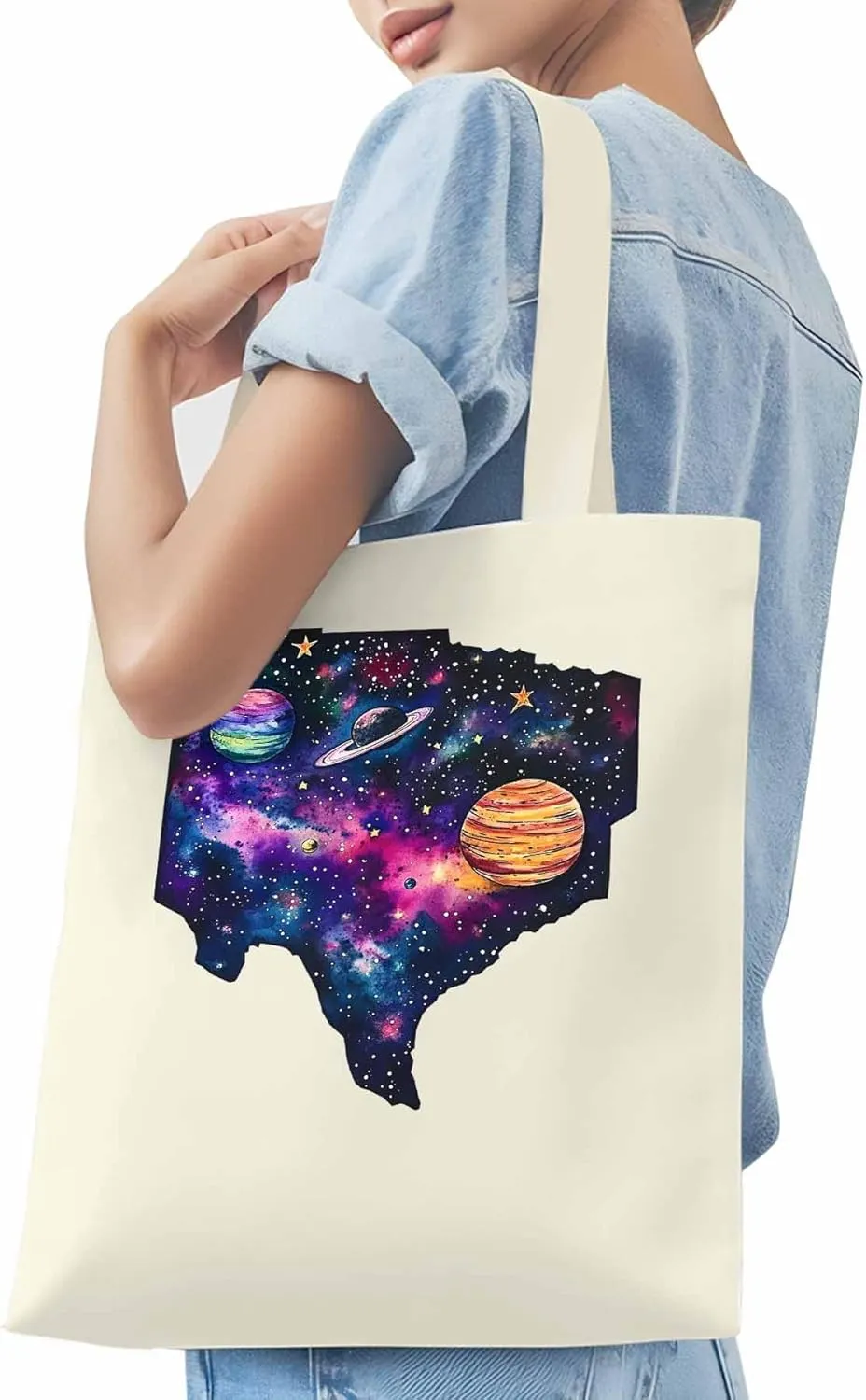 Space Sky Planets Canvas Tote Bag, Aesthetic Canvas Tote Handbags for Women Shoulder Bag