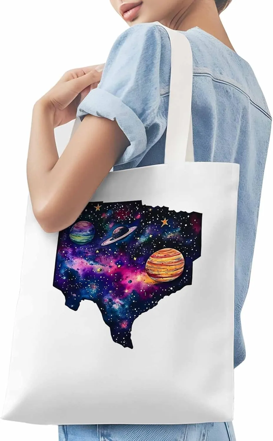Space Sky Planets Canvas Tote Bag, Aesthetic Canvas Tote Handbags for Women Shoulder Bag