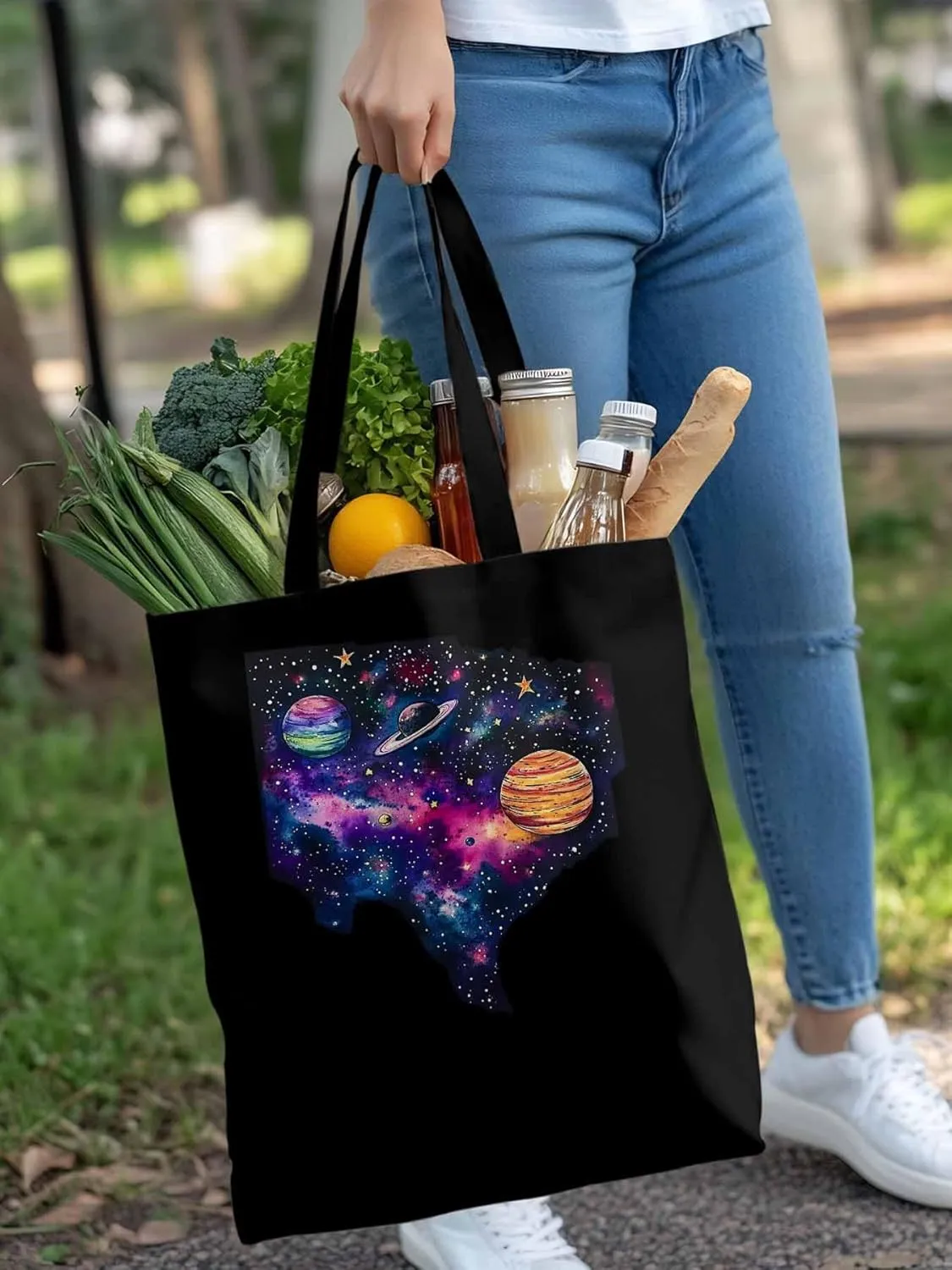 Space Sky Planets Canvas Tote Bag, Aesthetic Canvas Tote Handbags for Women Shoulder Bag