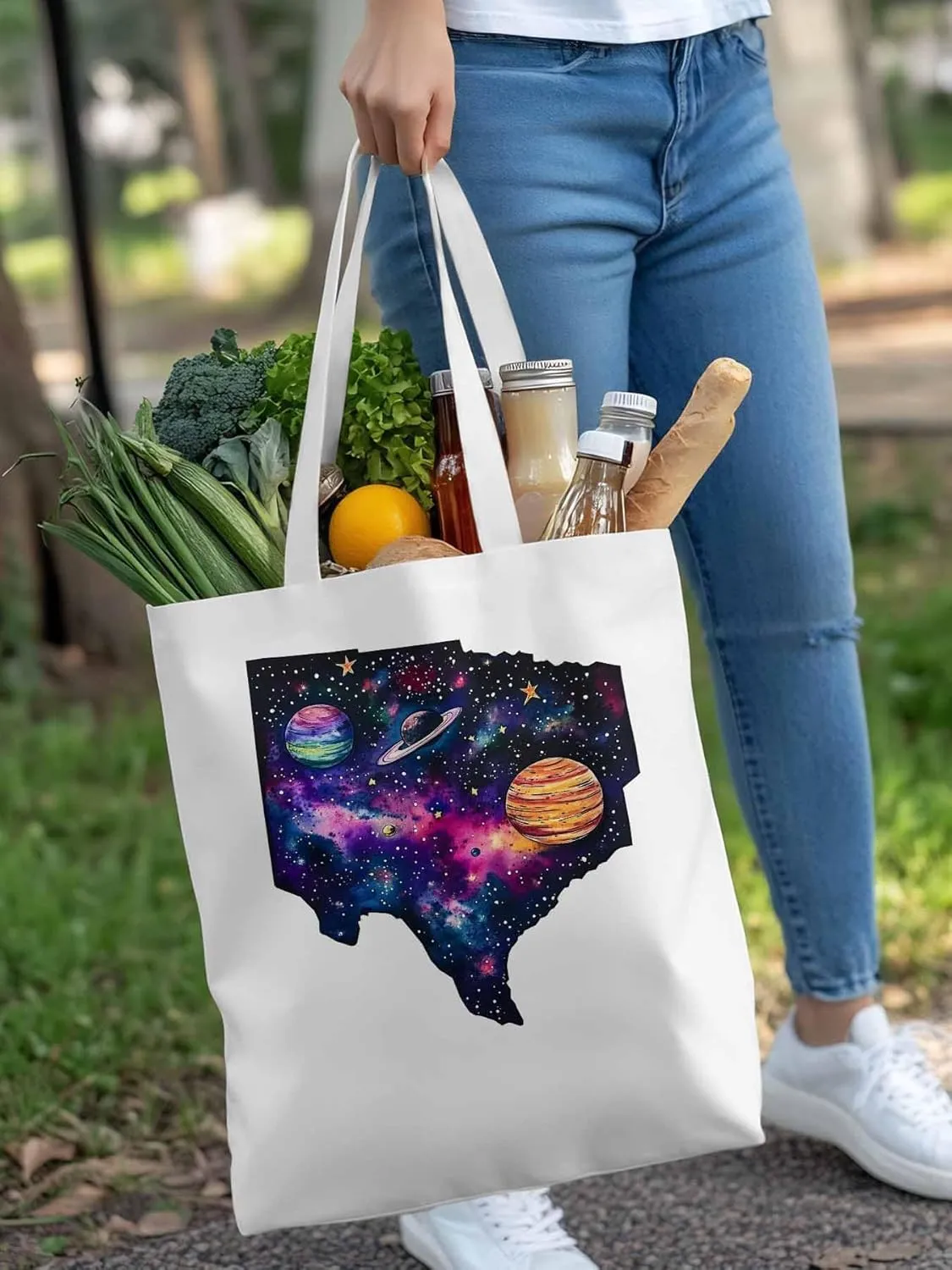 Space Sky Planets Canvas Tote Bag, Aesthetic Canvas Tote Handbags for Women Shoulder Bag
