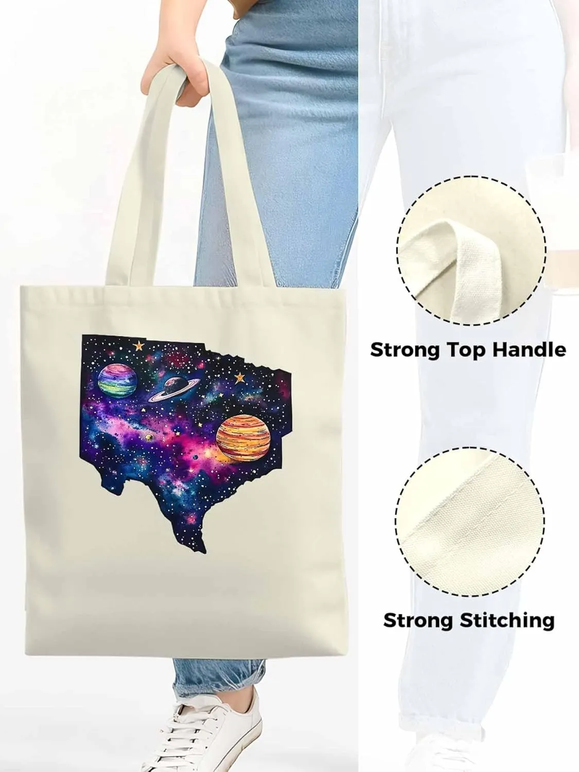 Space Sky Planets Canvas Tote Bag, Aesthetic Canvas Tote Handbags for Women Shoulder Bag