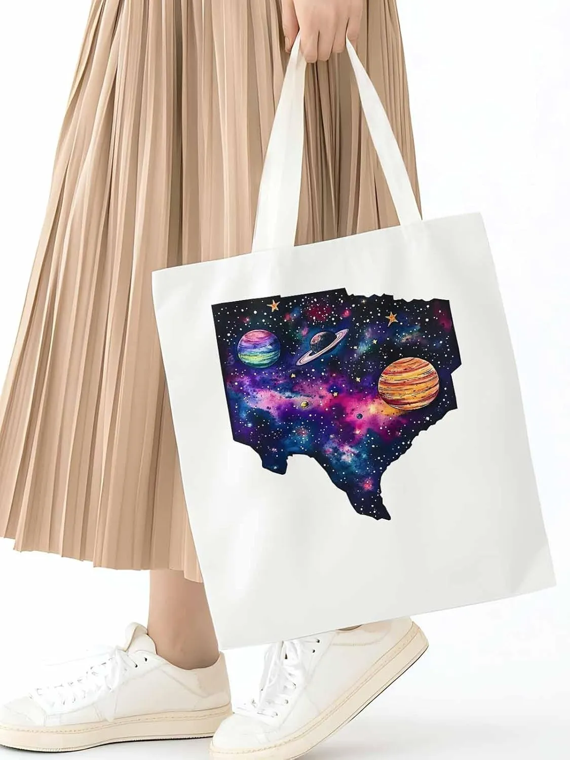 Space Sky Planets Canvas Tote Bag, Aesthetic Canvas Tote Handbags for Women Shoulder Bag
