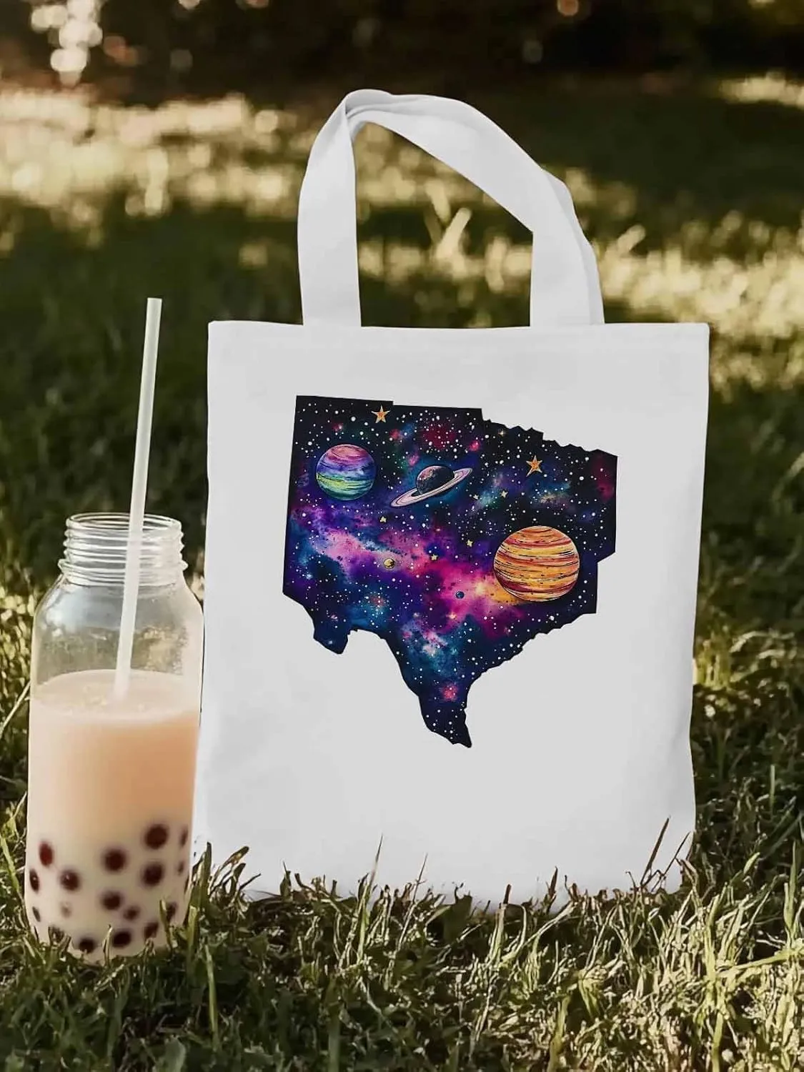 Space Sky Planets Canvas Tote Bag, Aesthetic Canvas Tote Handbags for Women Shoulder Bag