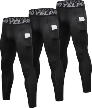 SPVISE 3 Pack Men's Compression Pants Leggings Running Tights with Pockets Cool Dry Workout Base Layer Athletic Gym Pants