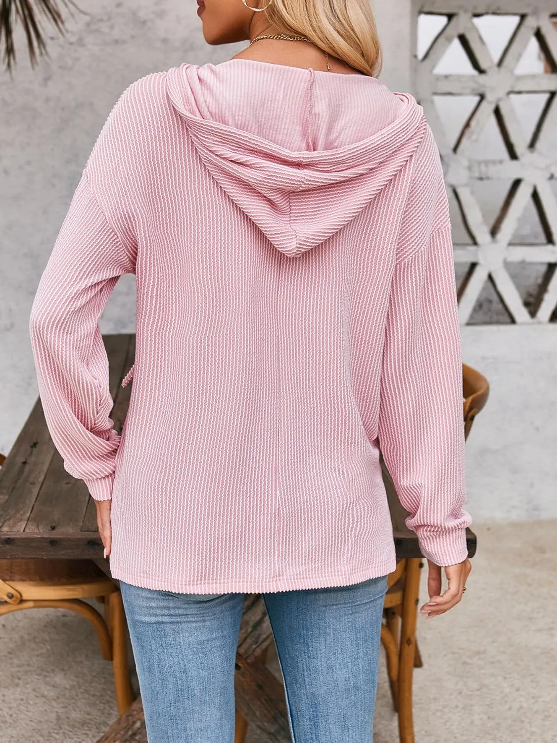 Sumleno 2025 Oversized Hoodies for Women Casual V-Neck Solid Color Long Sleeve Drawstring Sweatshirts Knitted Pullover Tops