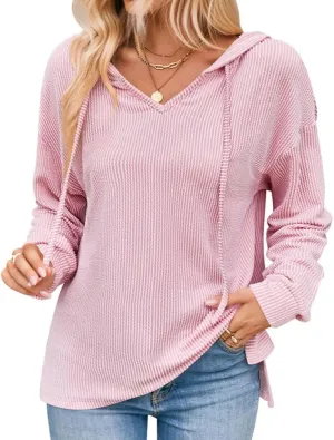 Sumleno 2025 Oversized Hoodies for Women Casual V-Neck Solid Color Long Sleeve Drawstring Sweatshirts Knitted Pullover Tops