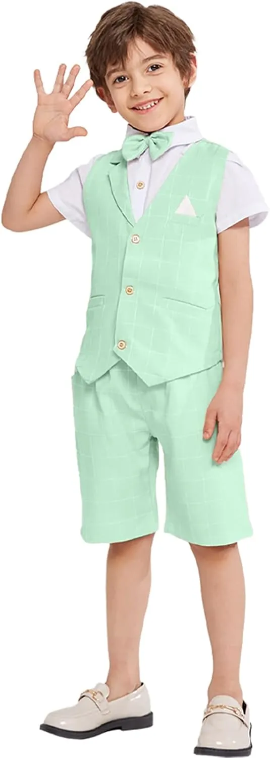 Summer Boys Suit Dress Clothes Kids Wedding Ring Bearer Outfit 4Pcs Shirt Vest Shorts Set