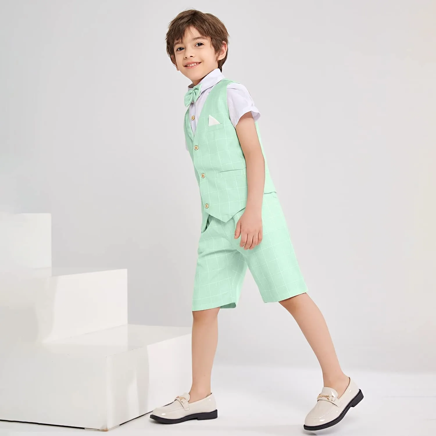 Summer Boys Suit Dress Clothes Kids Wedding Ring Bearer Outfit 4Pcs Shirt Vest Shorts Set