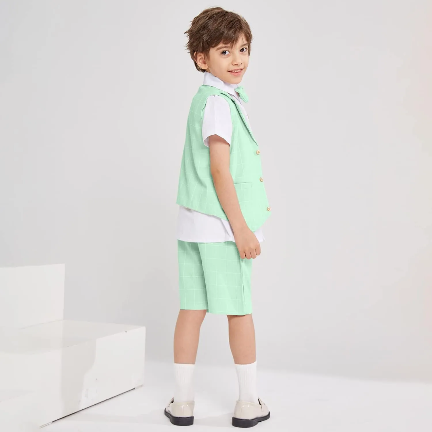 Summer Boys Suit Dress Clothes Kids Wedding Ring Bearer Outfit 4Pcs Shirt Vest Shorts Set
