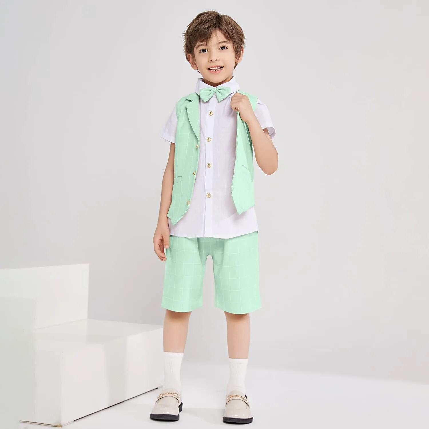 Summer Boys Suit Dress Clothes Kids Wedding Ring Bearer Outfit 4Pcs Shirt Vest Shorts Set