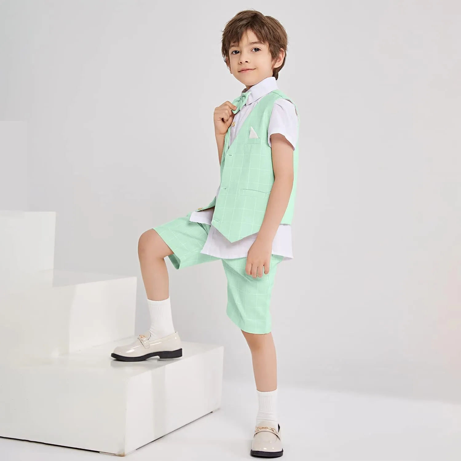 Summer Boys Suit Dress Clothes Kids Wedding Ring Bearer Outfit 4Pcs Shirt Vest Shorts Set