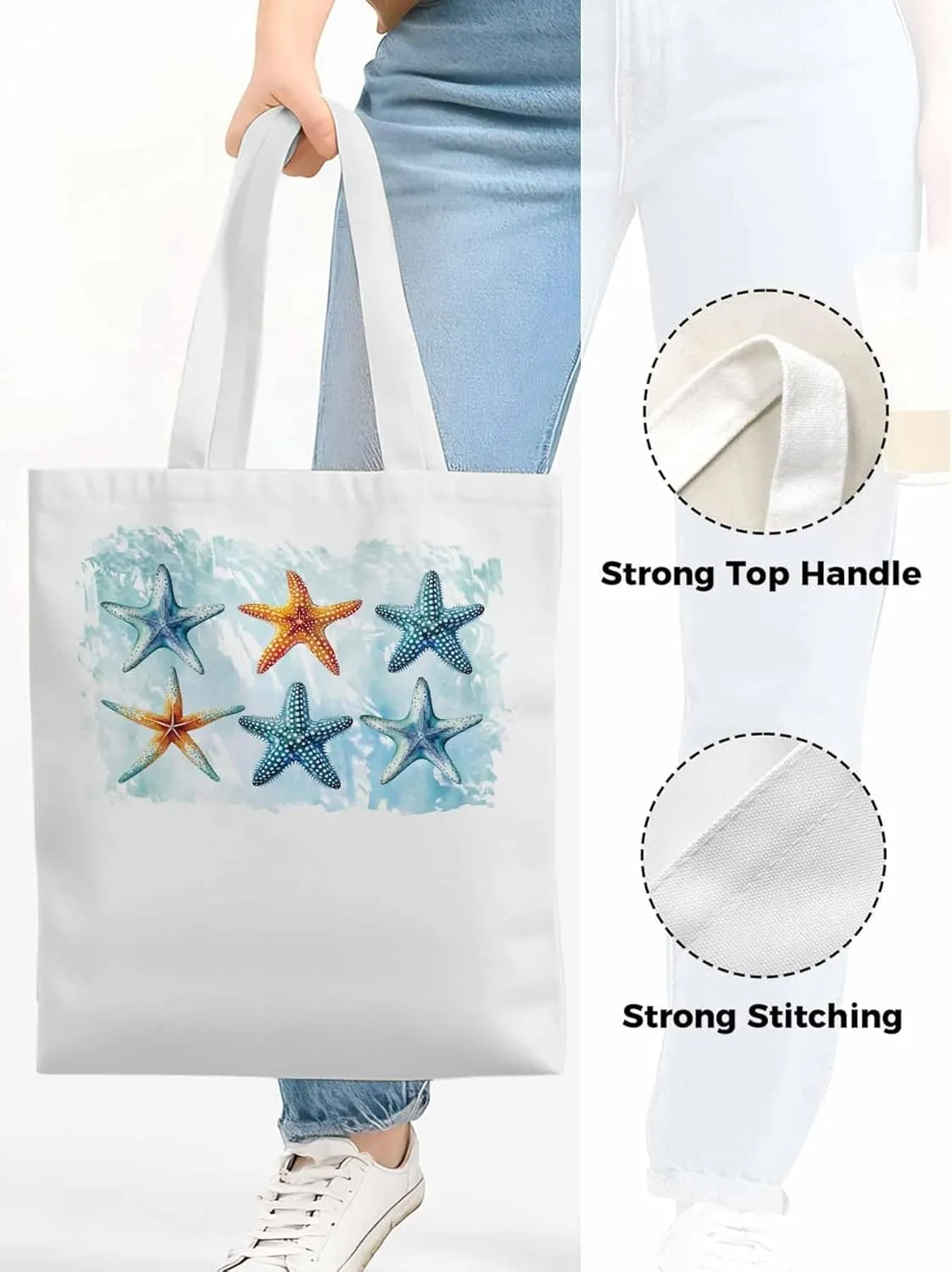 Summer Ocean Starfish Canvas Tote Bag, Aesthetic Canvas Tote Handbags for Women Shoulder Bag
