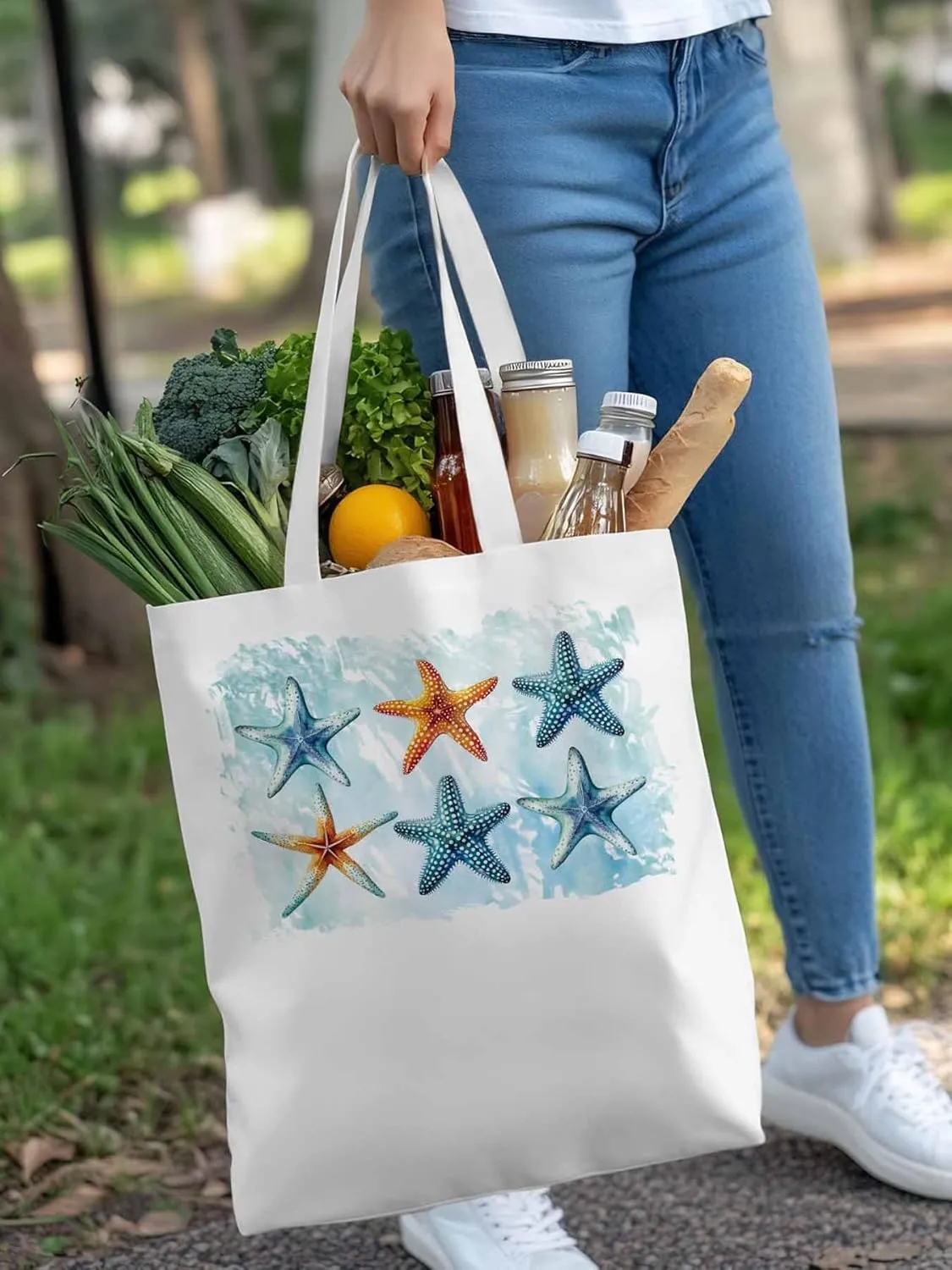 Summer Ocean Starfish Canvas Tote Bag, Aesthetic Canvas Tote Handbags for Women Shoulder Bag