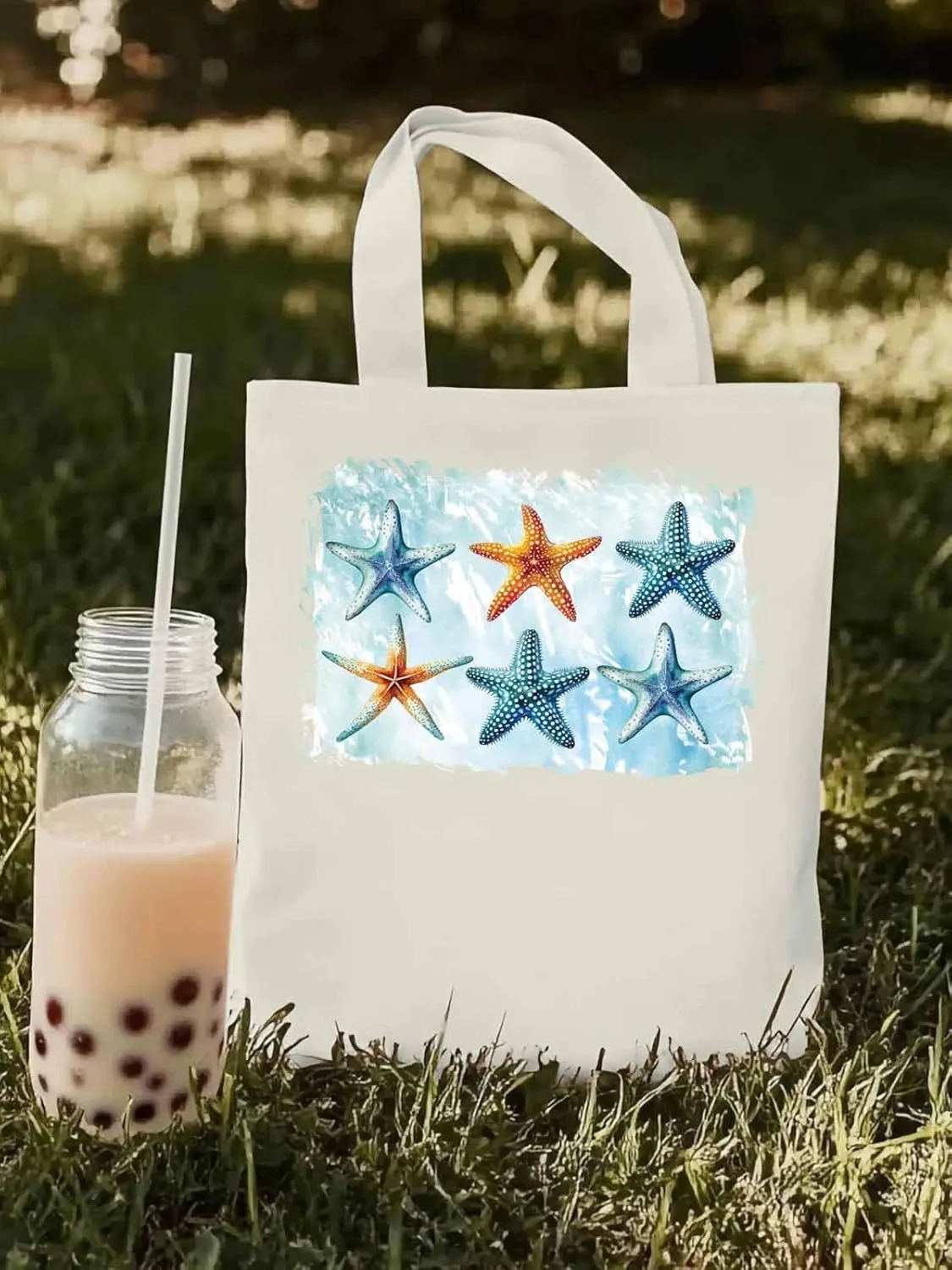 Summer Ocean Starfish Canvas Tote Bag, Aesthetic Canvas Tote Handbags for Women Shoulder Bag
