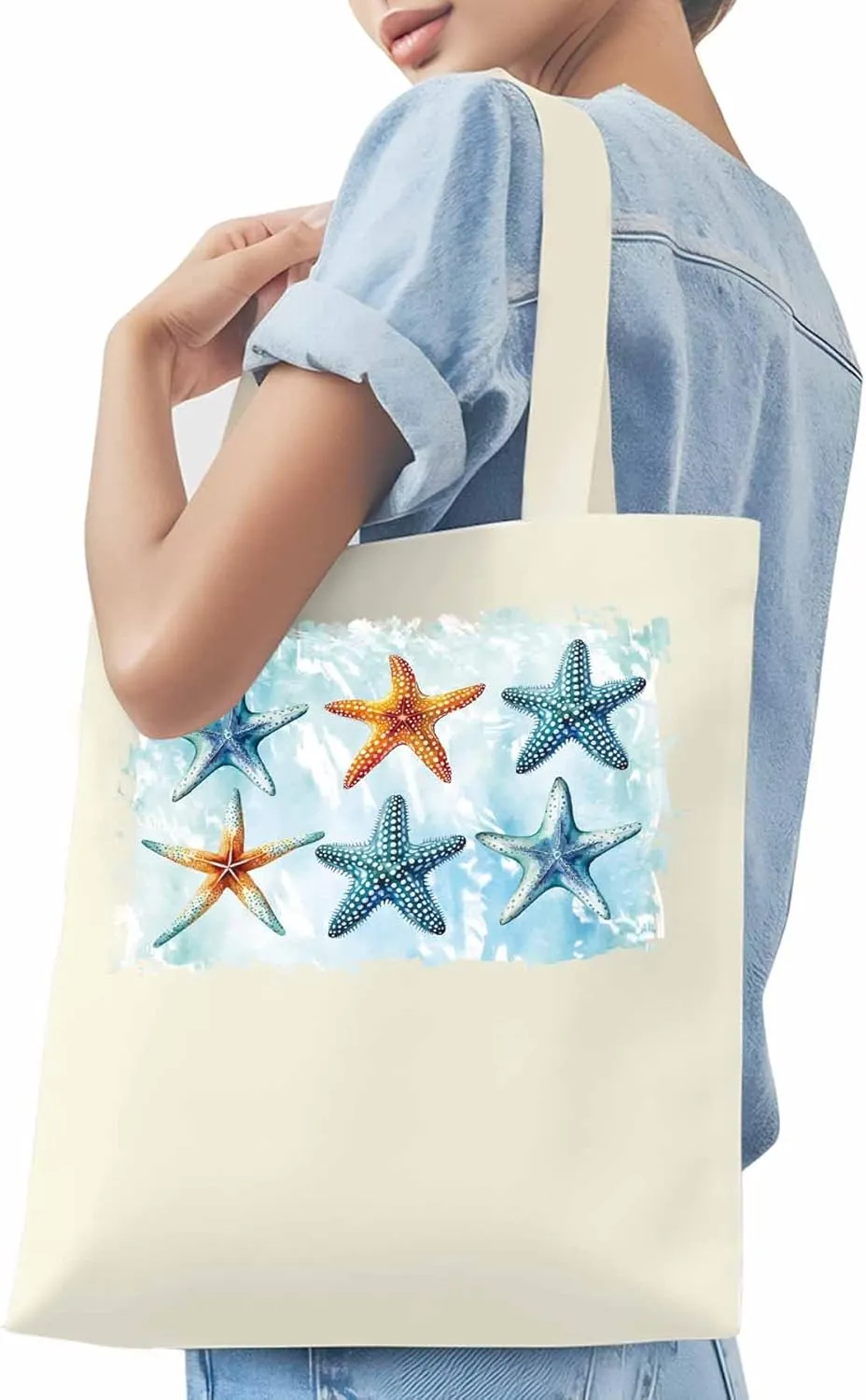 Summer Ocean Starfish Canvas Tote Bag, Aesthetic Canvas Tote Handbags for Women Shoulder Bag