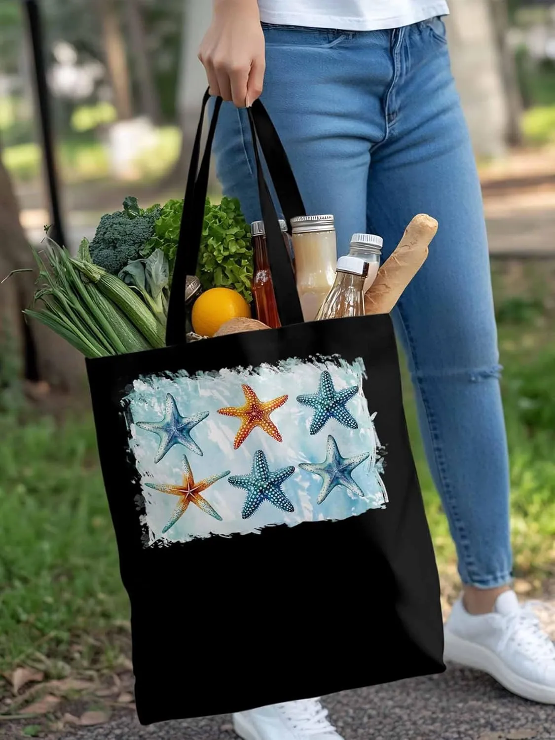 Summer Ocean Starfish Canvas Tote Bag, Aesthetic Canvas Tote Handbags for Women Shoulder Bag