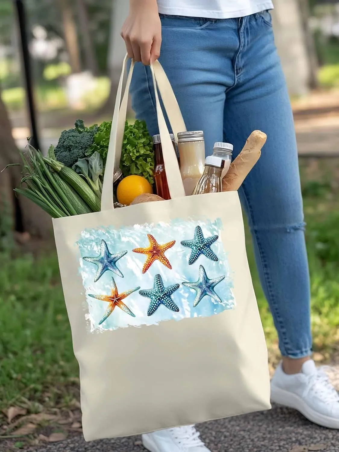 Summer Ocean Starfish Canvas Tote Bag, Aesthetic Canvas Tote Handbags for Women Shoulder Bag