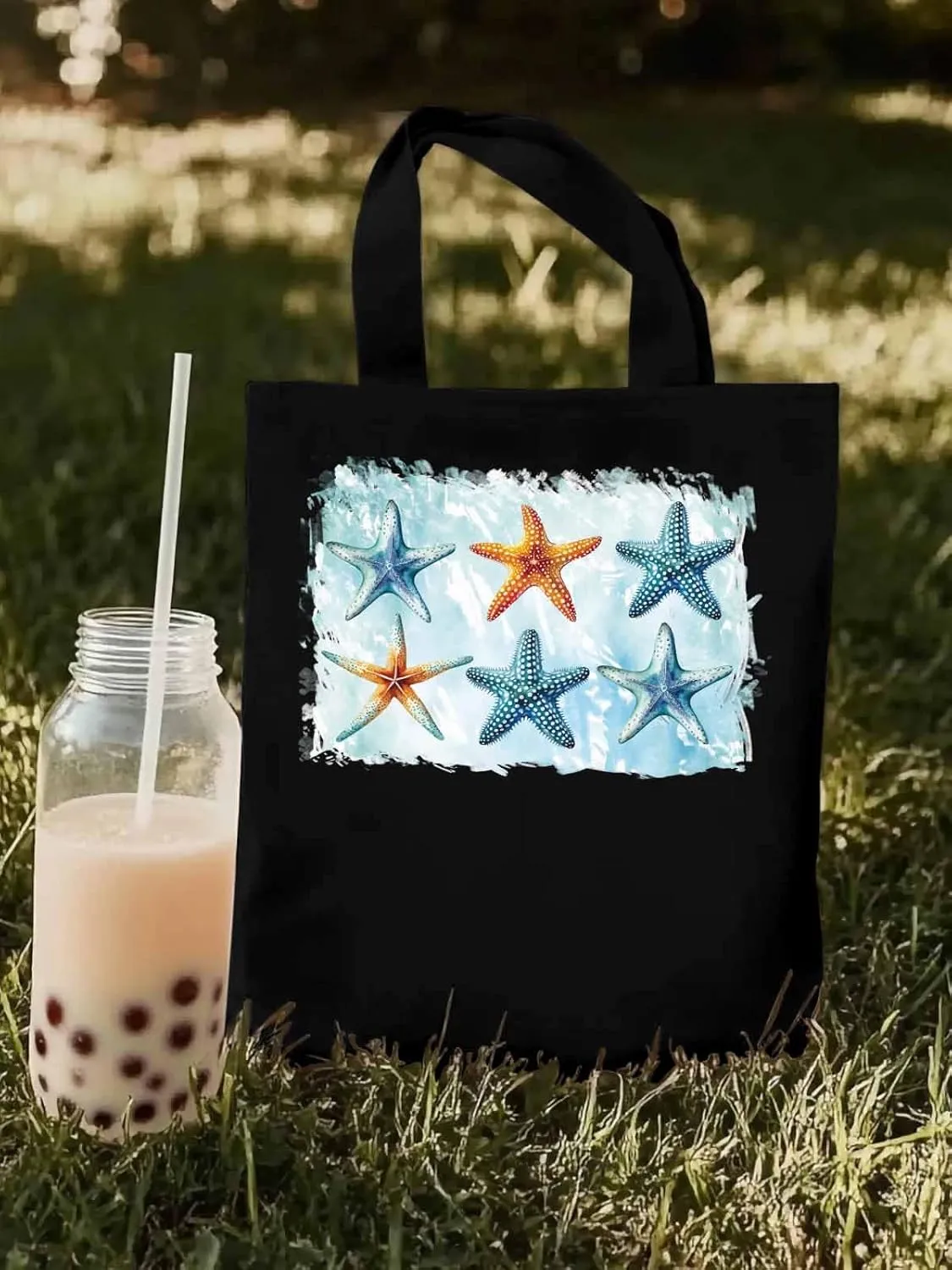 Summer Ocean Starfish Canvas Tote Bag, Aesthetic Canvas Tote Handbags for Women Shoulder Bag