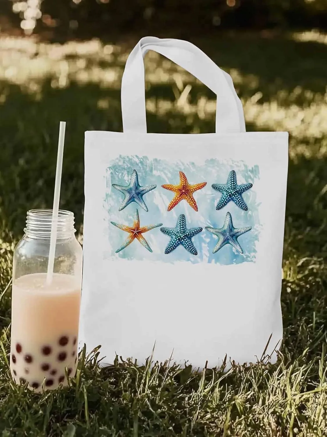 Summer Ocean Starfish Canvas Tote Bag, Aesthetic Canvas Tote Handbags for Women Shoulder Bag