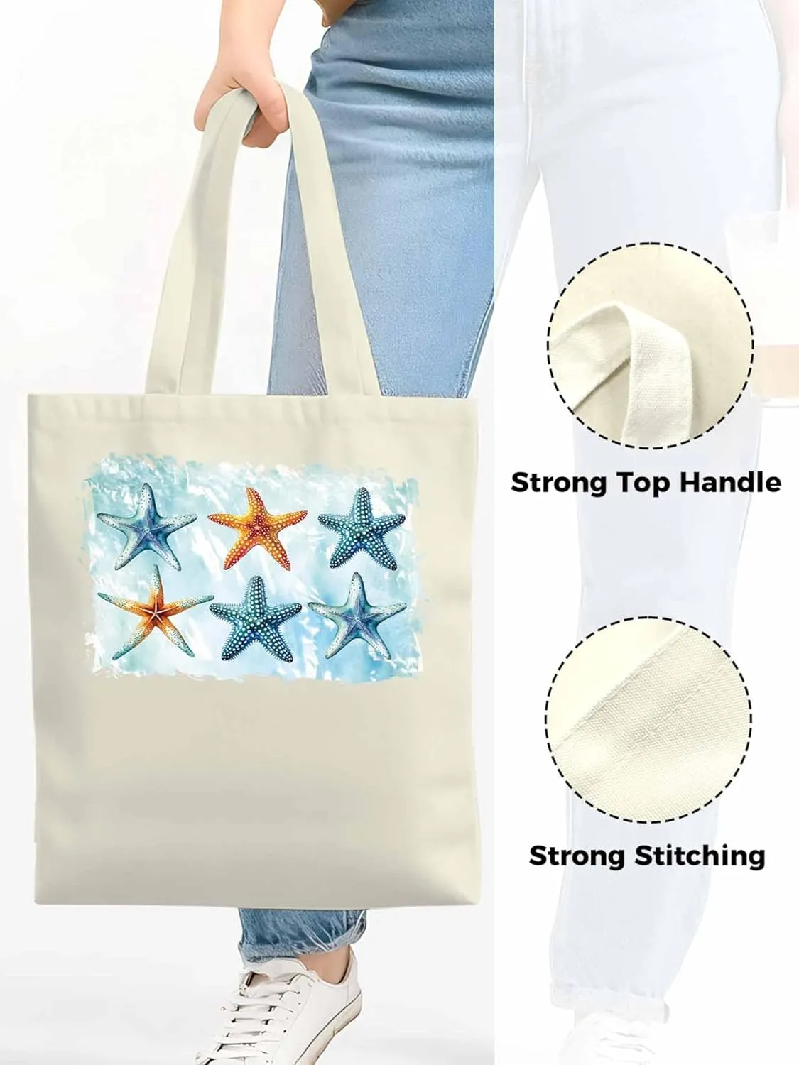 Summer Ocean Starfish Canvas Tote Bag, Aesthetic Canvas Tote Handbags for Women Shoulder Bag