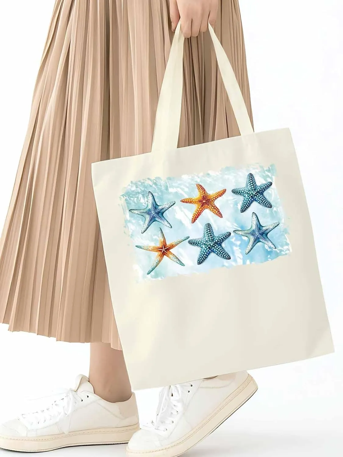 Summer Ocean Starfish Canvas Tote Bag, Aesthetic Canvas Tote Handbags for Women Shoulder Bag