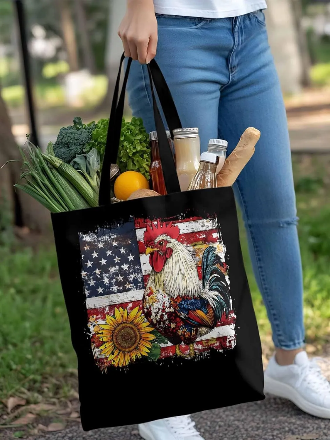 Sunflower American Flag Rooster Canvas Tote Bag, Aesthetic Canvas Tote Handbags for Women Shoulder Bag