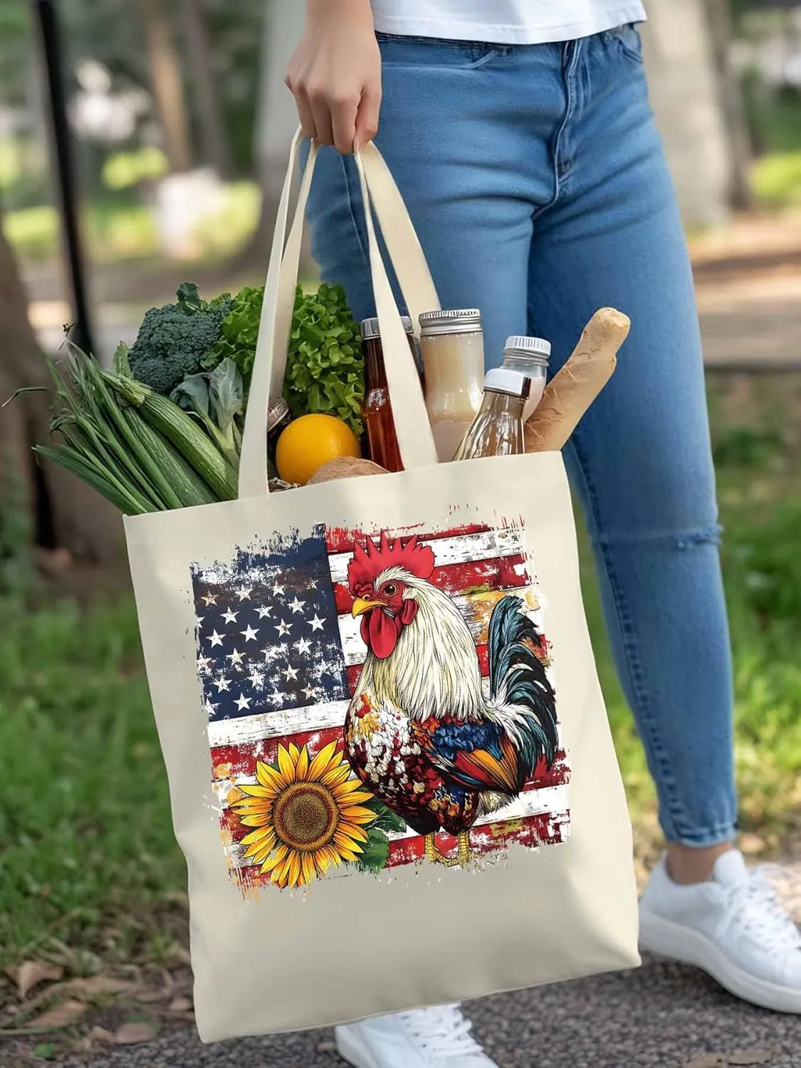 Sunflower American Flag Rooster Canvas Tote Bag, Aesthetic Canvas Tote Handbags for Women Shoulder Bag