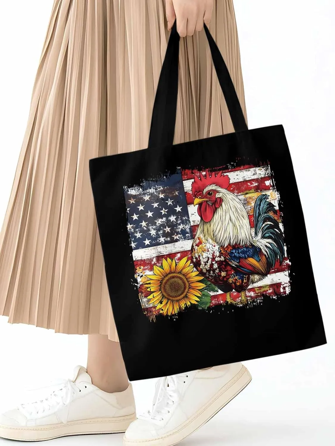 Sunflower American Flag Rooster Canvas Tote Bag, Aesthetic Canvas Tote Handbags for Women Shoulder Bag