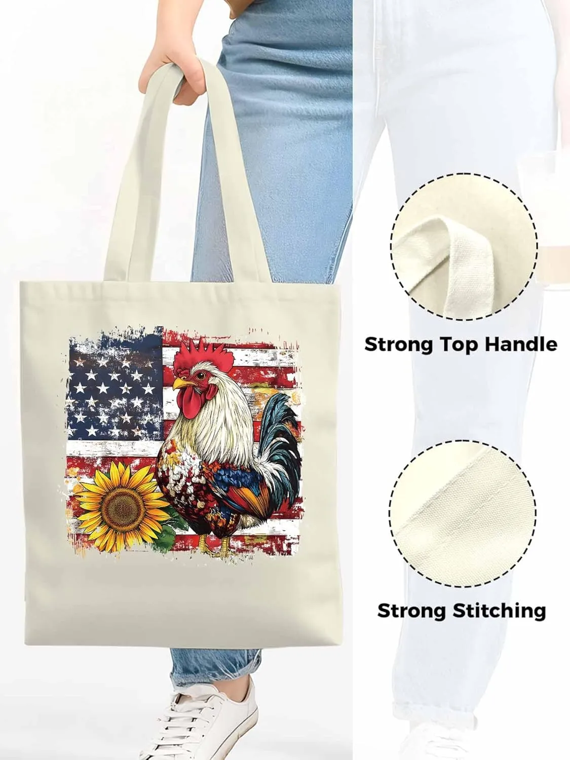 Sunflower American Flag Rooster Canvas Tote Bag, Aesthetic Canvas Tote Handbags for Women Shoulder Bag