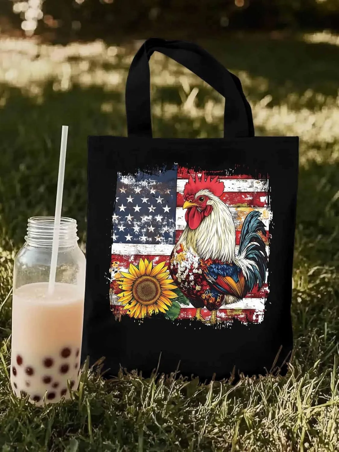 Sunflower American Flag Rooster Canvas Tote Bag, Aesthetic Canvas Tote Handbags for Women Shoulder Bag