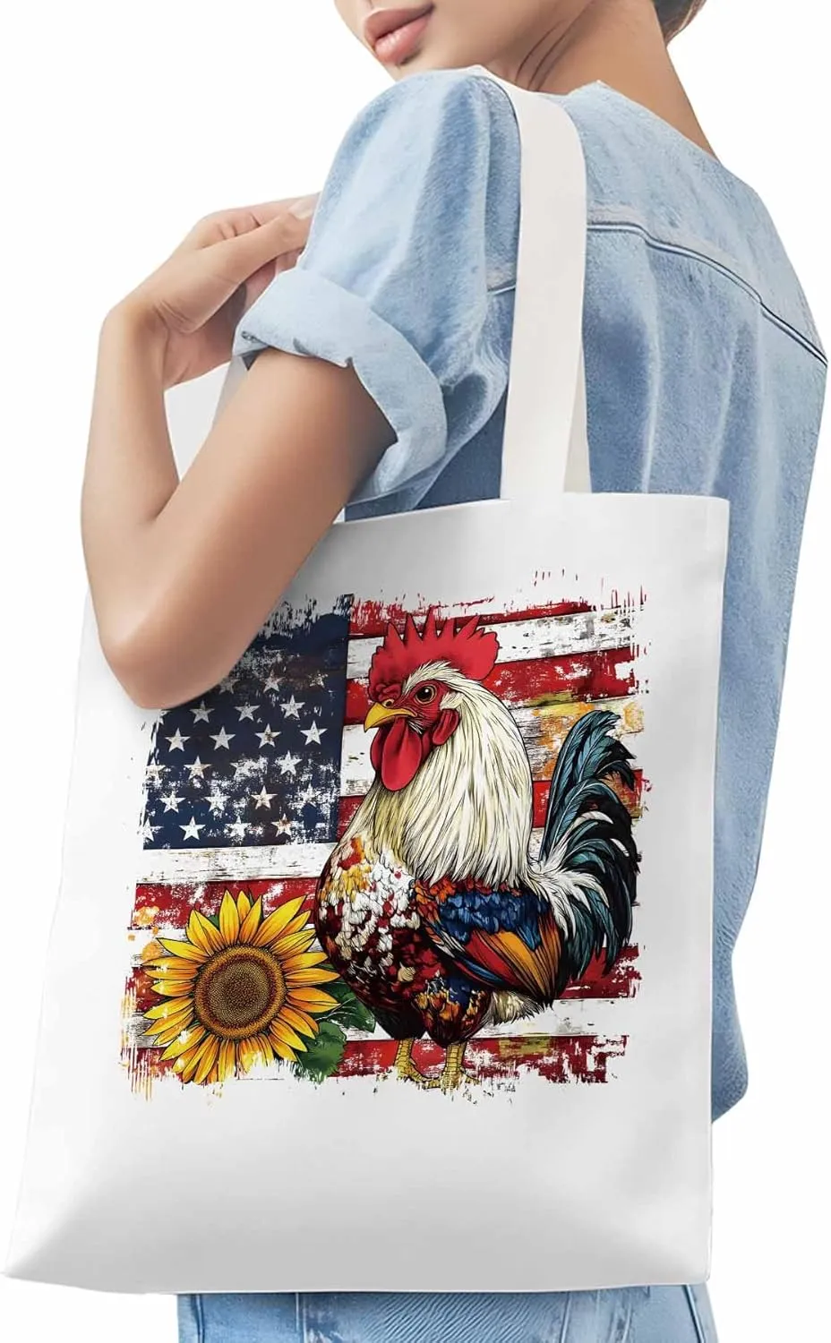 Sunflower American Flag Rooster Canvas Tote Bag, Aesthetic Canvas Tote Handbags for Women Shoulder Bag