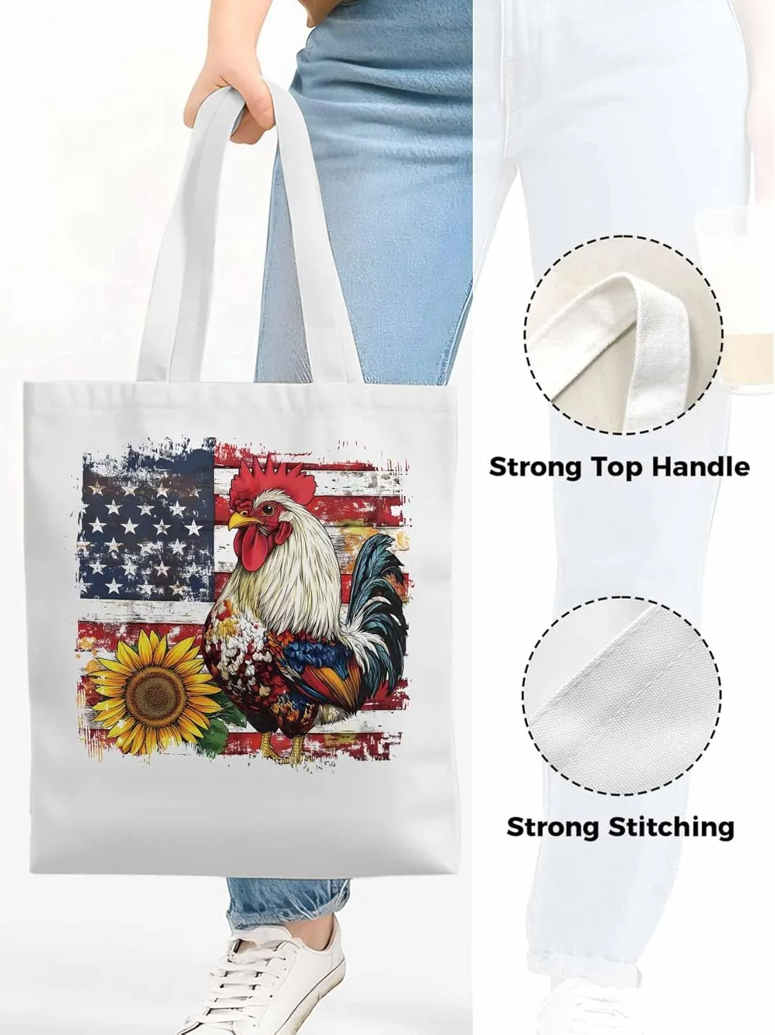 Sunflower American Flag Rooster Canvas Tote Bag, Aesthetic Canvas Tote Handbags for Women Shoulder Bag