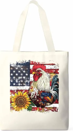 Sunflower American Flag Rooster Canvas Tote Bag, Aesthetic Canvas Tote Handbags for Women Shoulder Bag