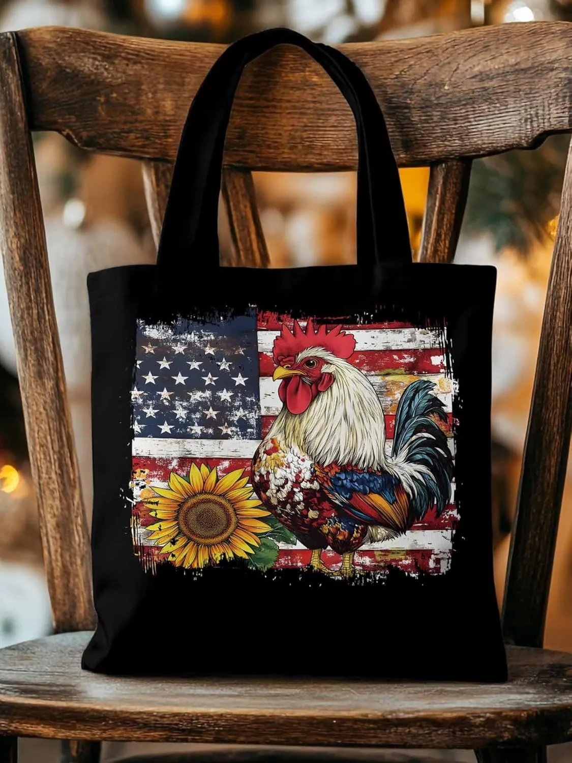 Sunflower American Flag Rooster Canvas Tote Bag, Aesthetic Canvas Tote Handbags for Women Shoulder Bag