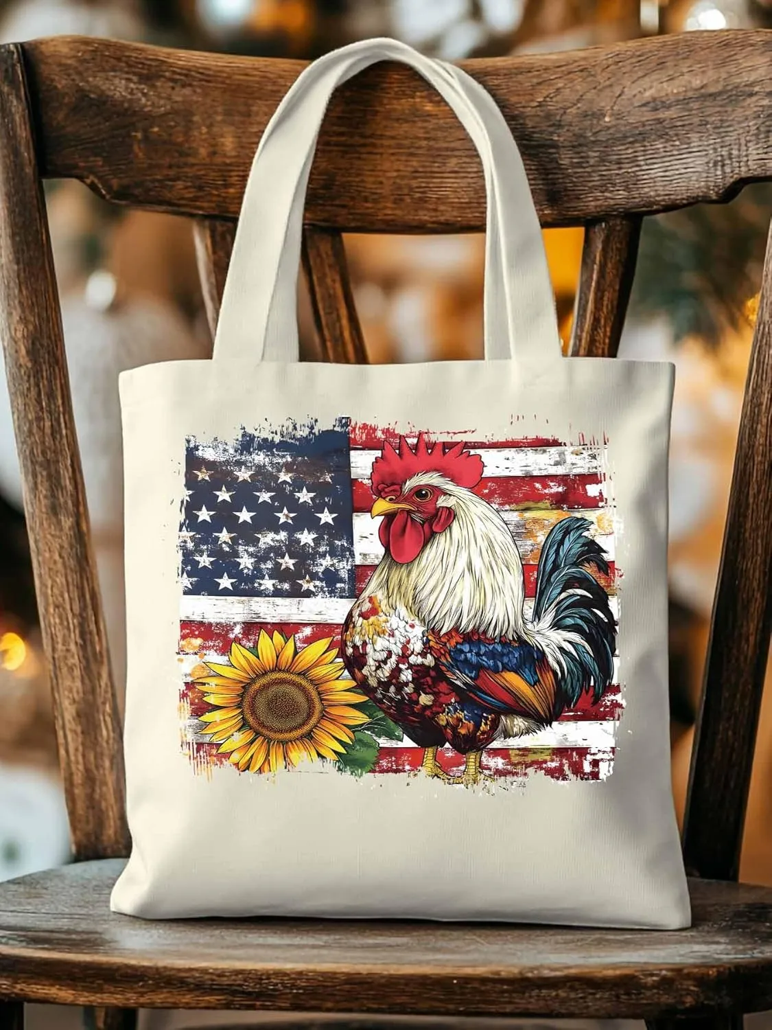 Sunflower American Flag Rooster Canvas Tote Bag, Aesthetic Canvas Tote Handbags for Women Shoulder Bag