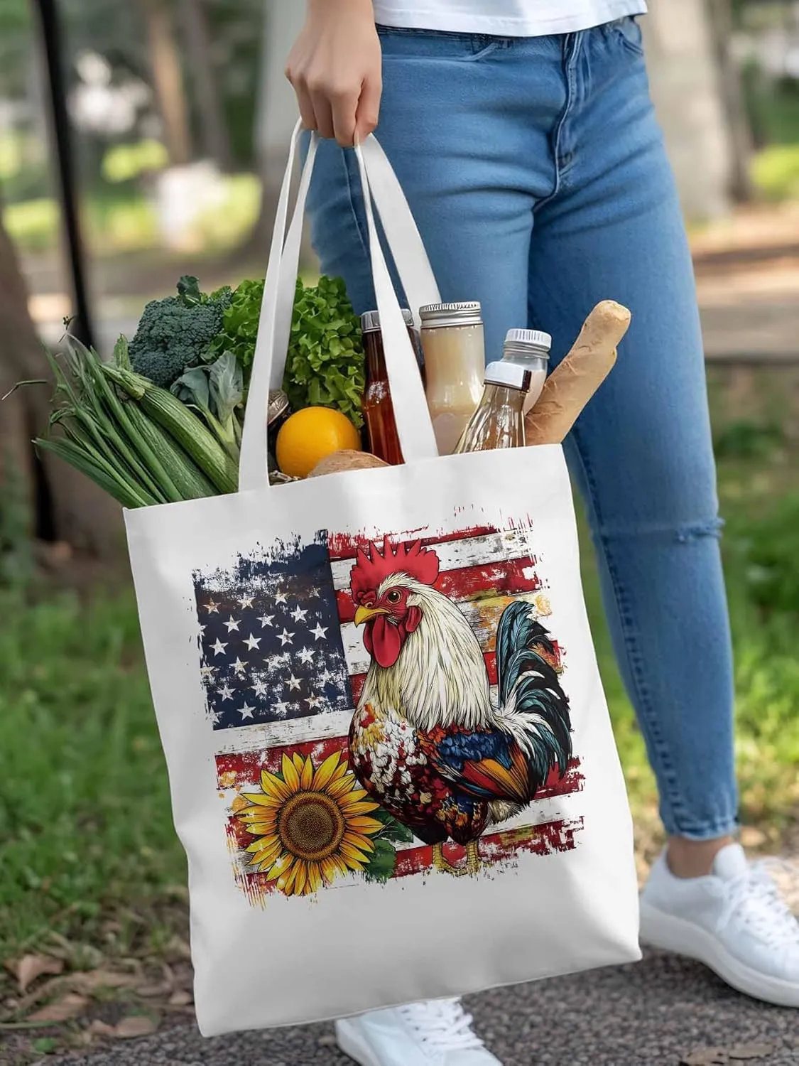 Sunflower American Flag Rooster Canvas Tote Bag, Aesthetic Canvas Tote Handbags for Women Shoulder Bag