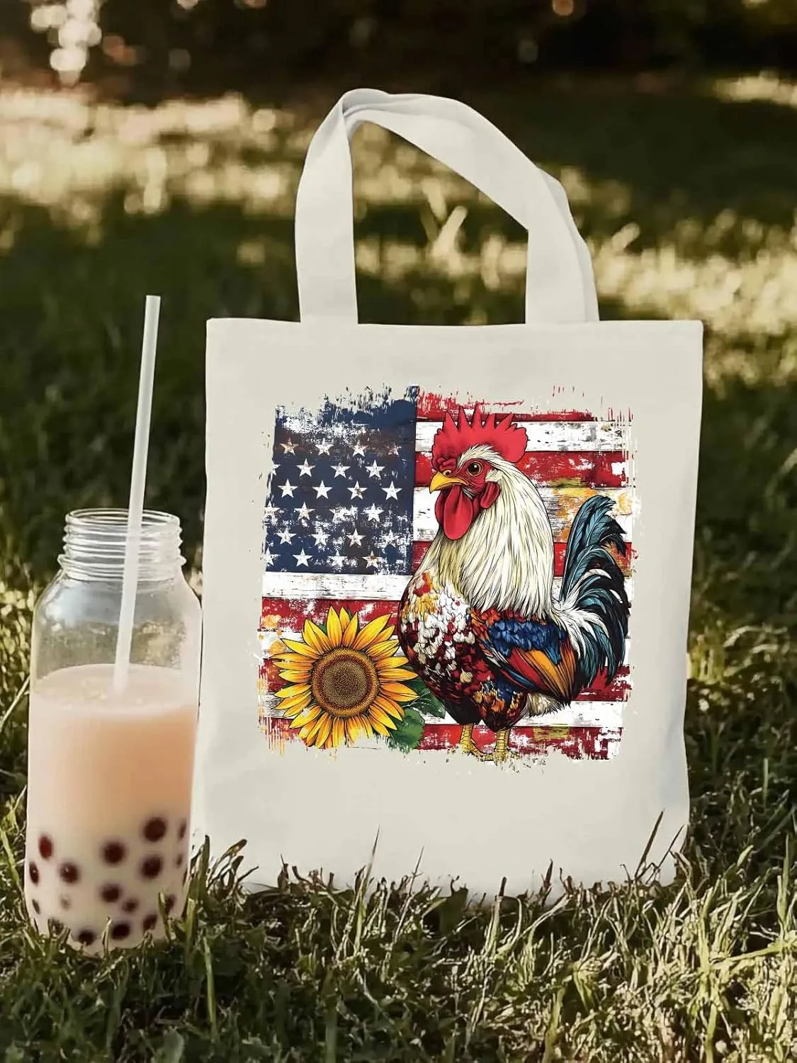 Sunflower American Flag Rooster Canvas Tote Bag, Aesthetic Canvas Tote Handbags for Women Shoulder Bag
