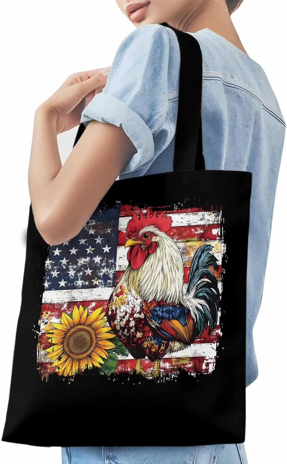 Sunflower American Flag Rooster Canvas Tote Bag, Aesthetic Canvas Tote Handbags for Women Shoulder Bag