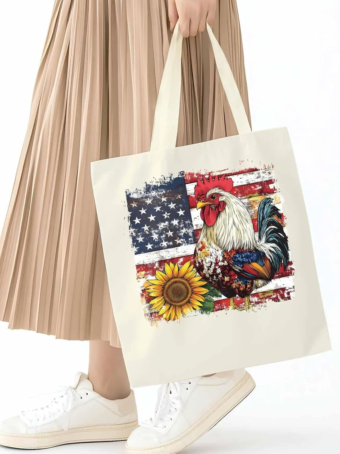 Sunflower American Flag Rooster Canvas Tote Bag, Aesthetic Canvas Tote Handbags for Women Shoulder Bag