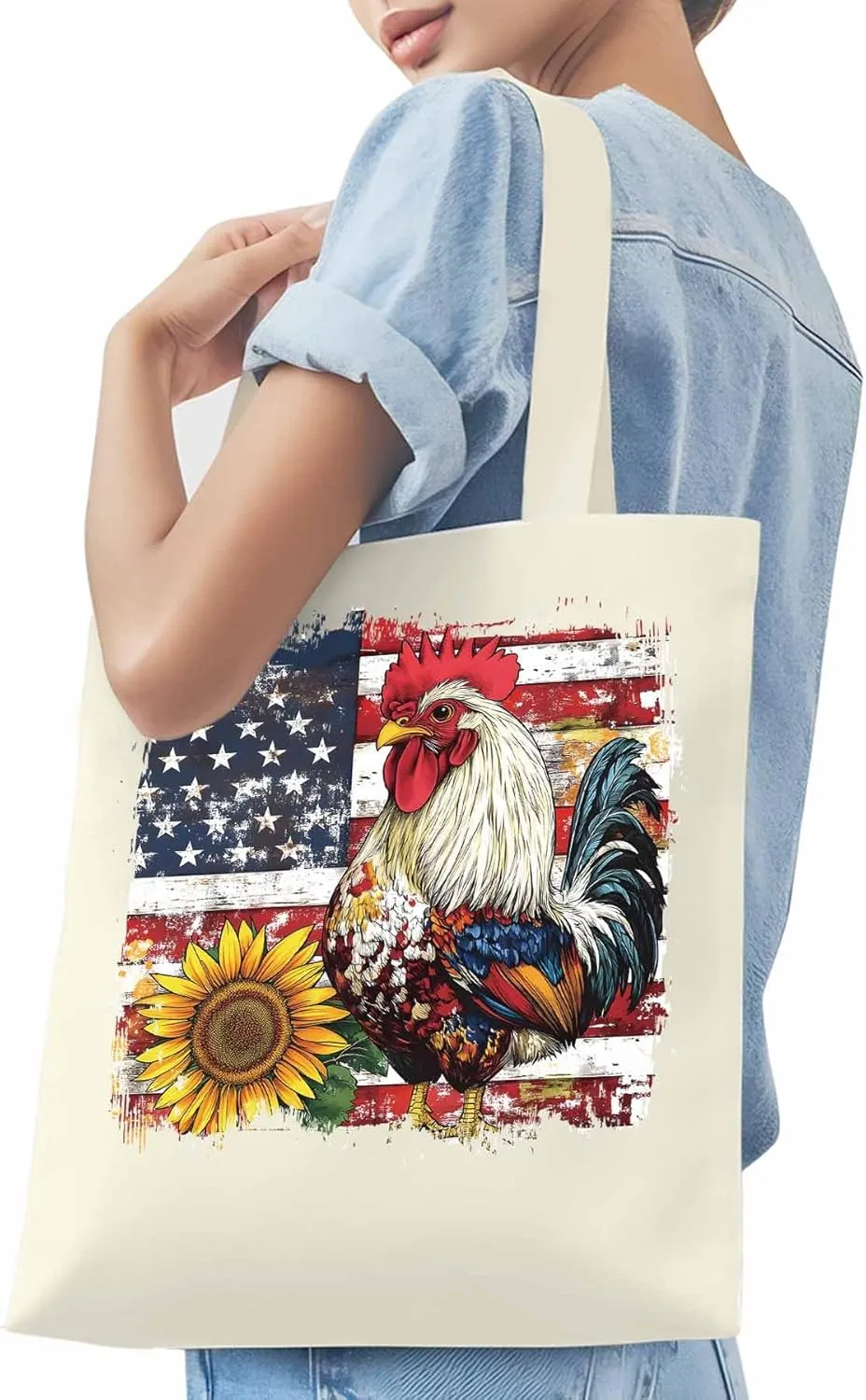 Sunflower American Flag Rooster Canvas Tote Bag, Aesthetic Canvas Tote Handbags for Women Shoulder Bag
