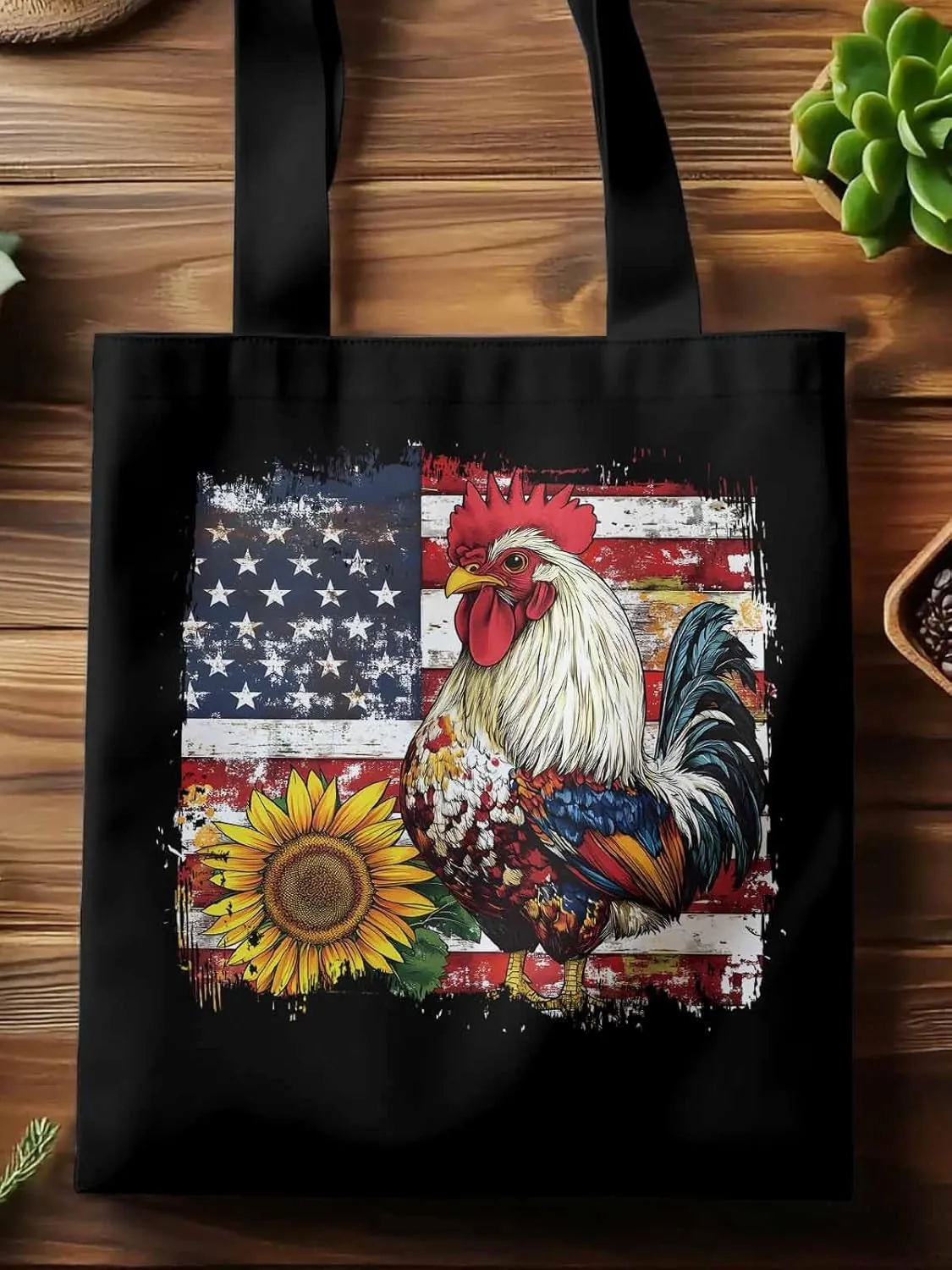 Sunflower American Flag Rooster Canvas Tote Bag, Aesthetic Canvas Tote Handbags for Women Shoulder Bag