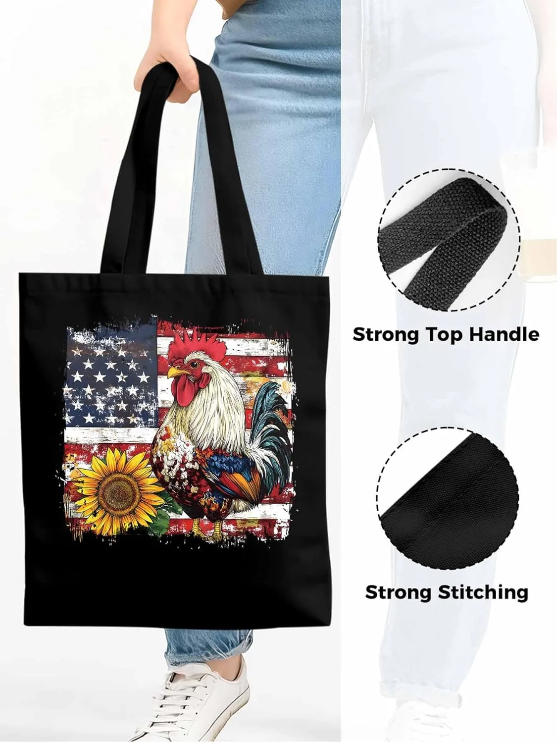 Sunflower American Flag Rooster Canvas Tote Bag, Aesthetic Canvas Tote Handbags for Women Shoulder Bag