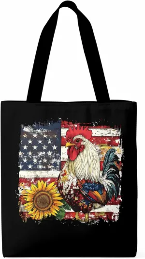 Sunflower American Flag Rooster Canvas Tote Bag, Aesthetic Canvas Tote Handbags for Women Shoulder Bag
